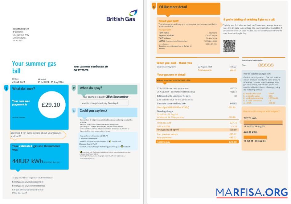 Downloadable United Kingdom British Gas business utility bill, Word and PDF template, 4 pages 1 2